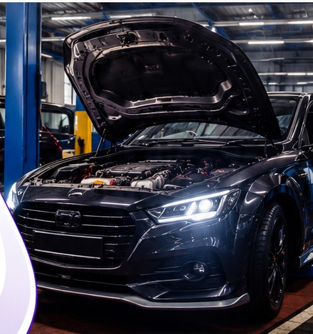 Vehicle being worked on in a professional workshop